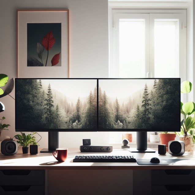 AI generated image of a computer desk with two of the same 4K monitors. The monitors have black, symetrical, bezels. The room is a calm and minimalist environment with swedish design with green plants, white early morning light. There is a red cup of coffee, a lamp, and grey speakers on the table, colorful art on the wall.
