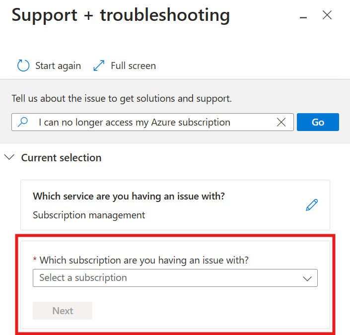 Screenshot of the Azure Portal showing the support case creation form with the required subscription dropdown box.